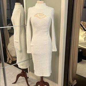 Anthropologie White Ribbed Long-Sleeve Cutout Midi Dress